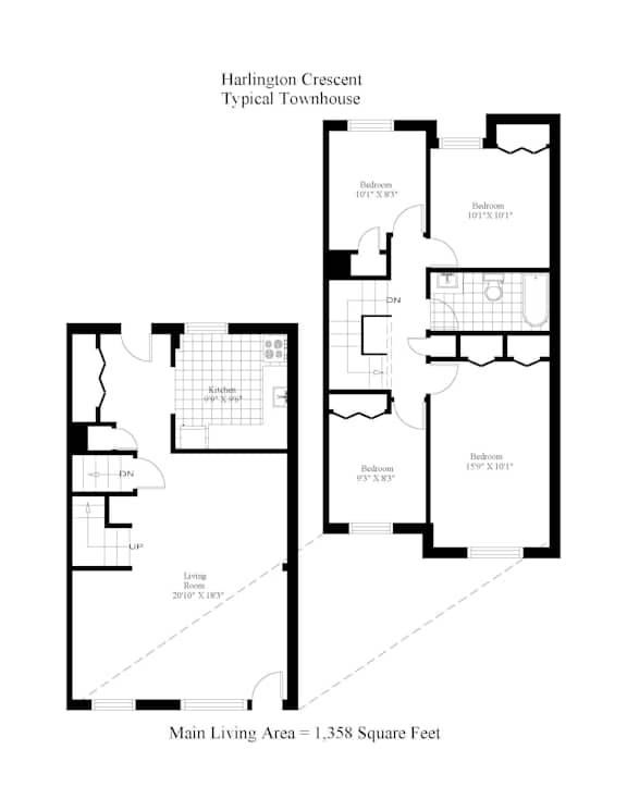 A floor plan for a Harlington Crescent townhouse with a main living area of 1,358 square feet.