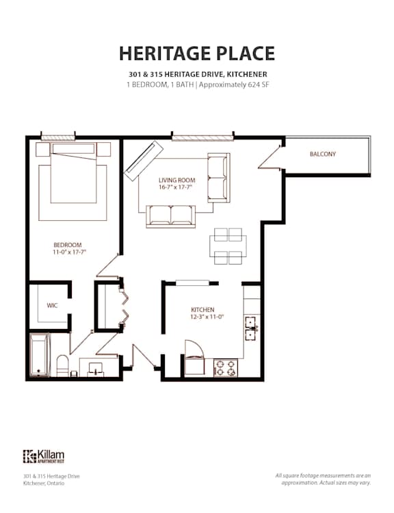 1 BEDROOM, 1 BATH | Approximately 624 SF
