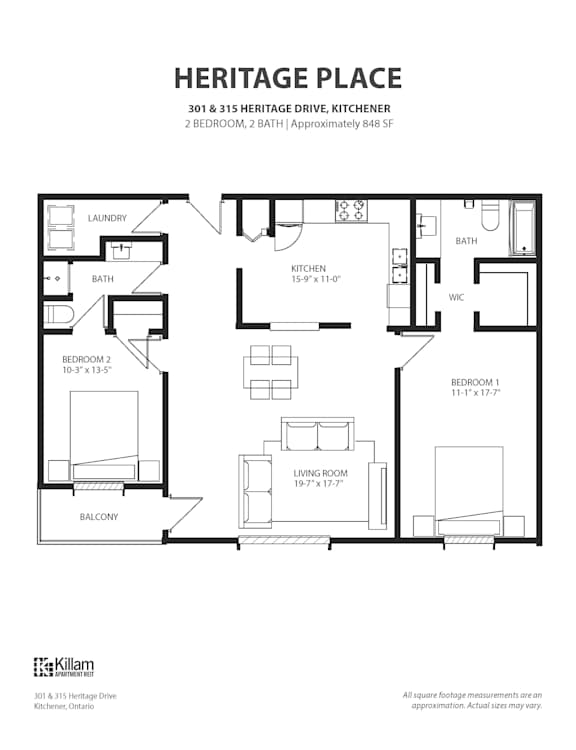 2 BEDROOM, 2 BATH | Approximately 848 SF