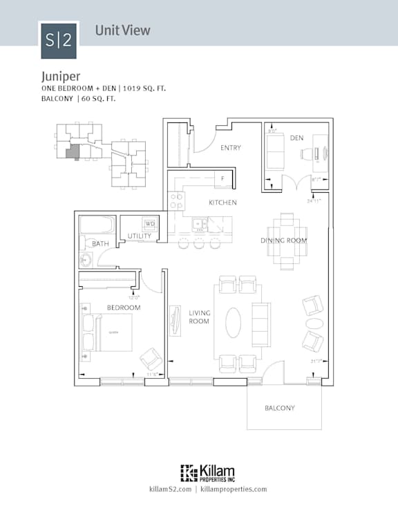 A floor plan for a Juniper unit with a den, dining room, kitchen, living room, and two bedrooms.