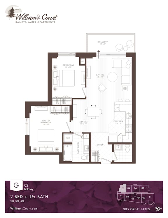A floor plan for Williams Court Kanaiau Lakes Apartments showing apartment G02 with two bedrooms and a half bath.
