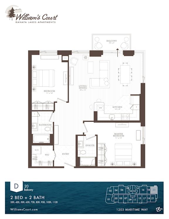 A floor plan for William's Court Canada Lakes Apartments showing a 2 bedroom apartment with 2 bathrooms.