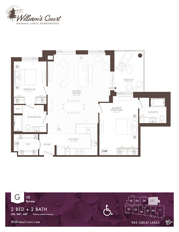 A floor plan for Williams Court Kanaiau Lakes Apartments, a 2 bedroom, 2 bath apartment.