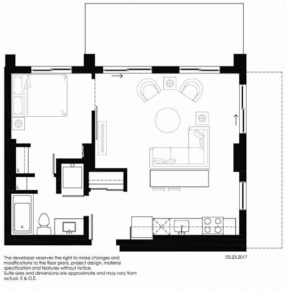 A floor plan of a house with a kitchen, living room, and bathroom.