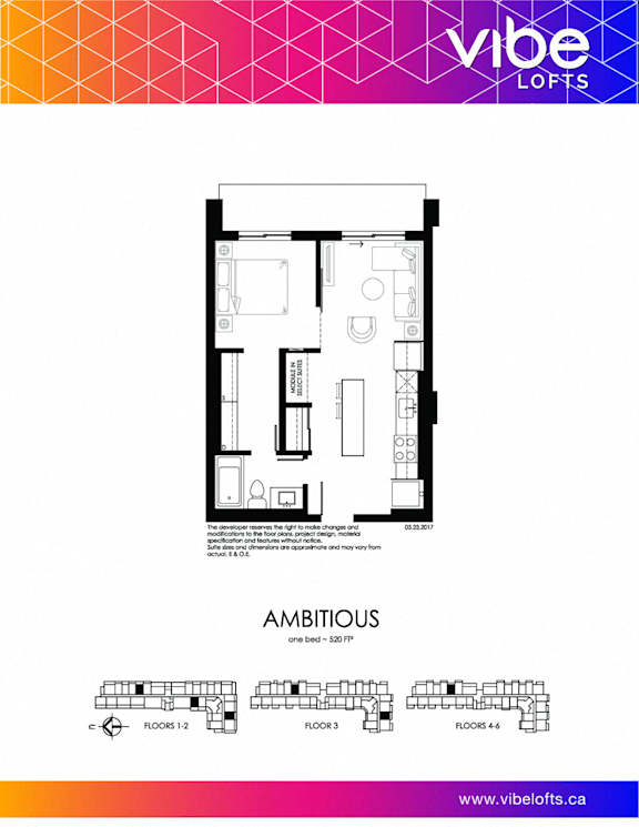 A webpage advertisement for a loft called Ambitious, with a floor plan and a link to the website.