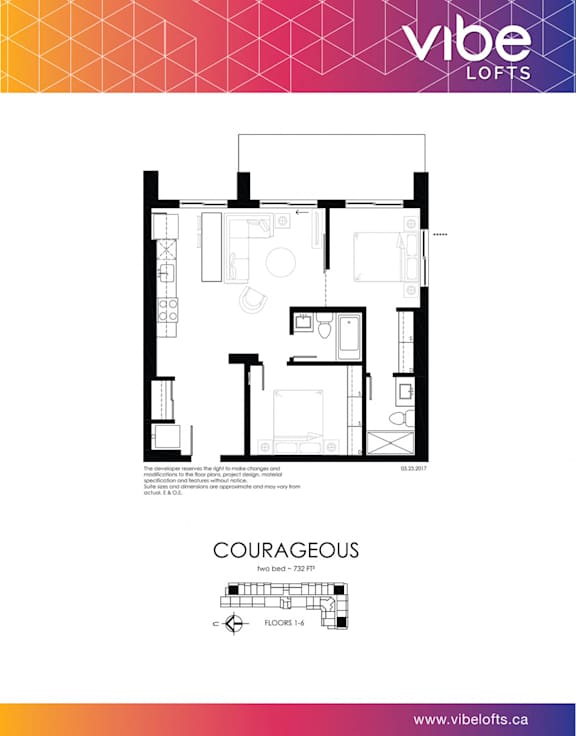A floor plan for a two bedroom, two bathroom apartment.