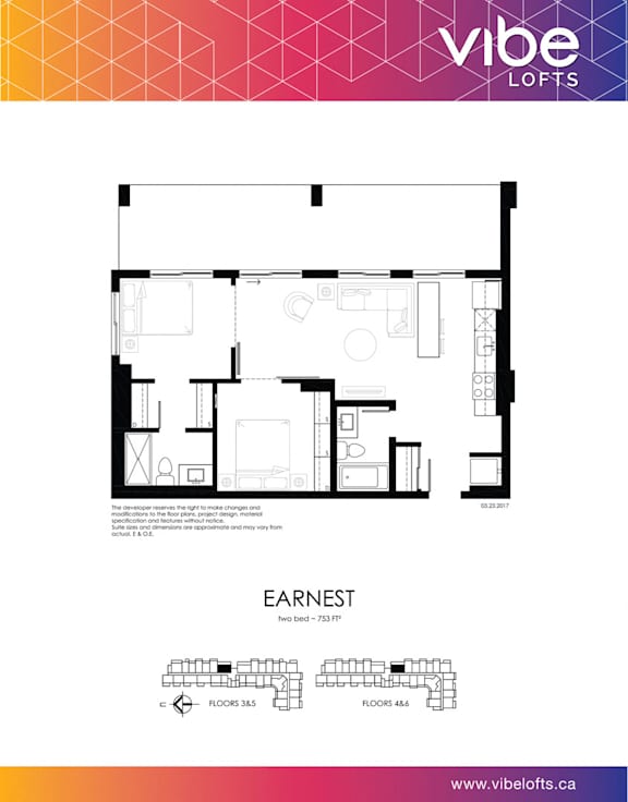 A floor plan for a Vibe Lofts apartment named Earnest is displayed.