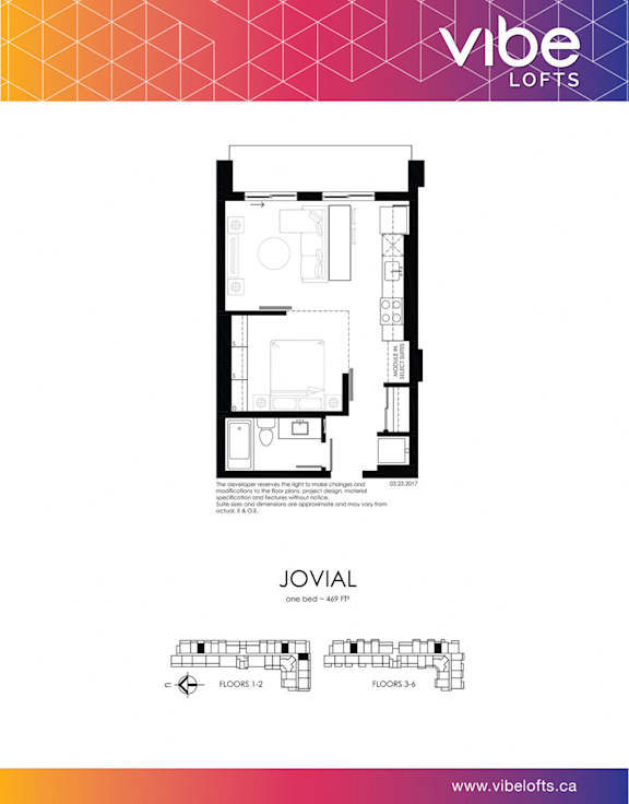 A Vibe Lofts floor plan for a one bedroom apartment.