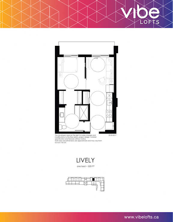 A webpage for Vibe Lofts displays a floor plan for a one-bedroom apartment.