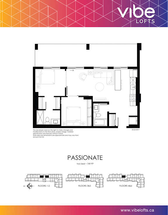 A webpage advertisement for a loft called "Vibe Lofts" with a floor plan and elevation drawing.