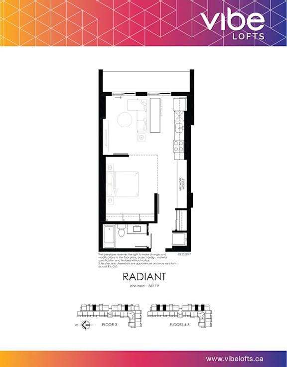 A floor plan for a loft named Radiant, with a bedroom, living room, and bathroom.