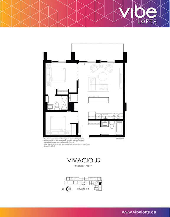 A floor plan for a two bedroom, 716 square foot apartment.