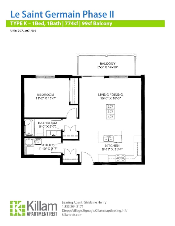 A floor plan for apartment type K, 1 bedroom, 1 bath, 774 square feet, 995 square feet balcony.