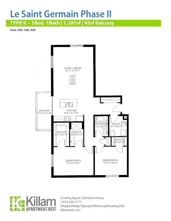 A floor plan for apartment type K-1Bed, 1Bath, 1,281sf, 95sf Balcony.