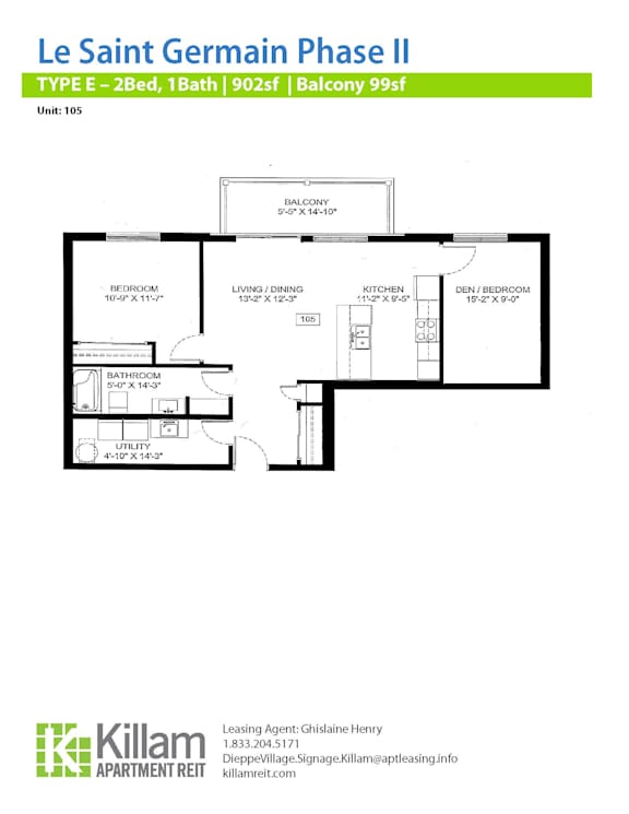 A floor plan for Le Saint Germain Phase II showing the layout of the bedrooms, bathrooms, kitchen, living room, and utility area.
