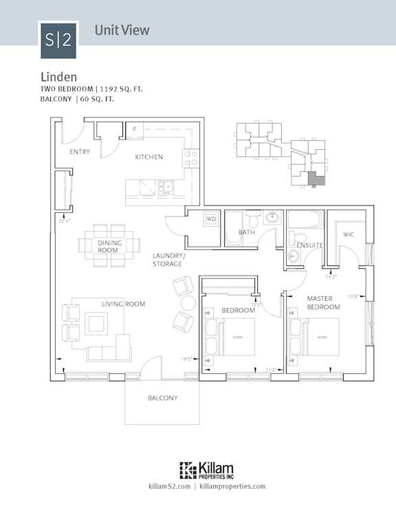 A floor plan for a two bedroom, one bath unit.