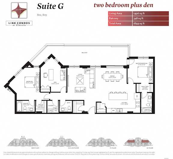 A floor plan for Suite G, a two bedroom plus den condo, is displayed.