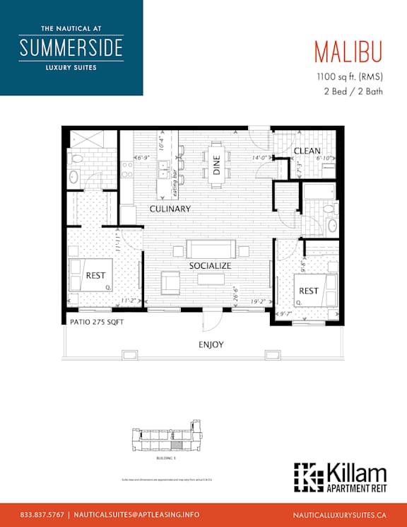 Malibu | 2 Bed + 2 Bath 1,100 Sq Ft. Floor Plan