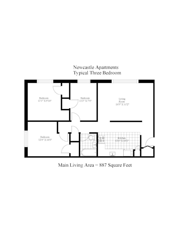 A diagram of a typical three bedroom apartment in Newcastle with a living area of 887 square feet.