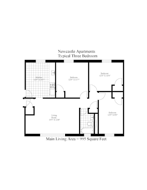 A black and white image of a floor plan for a three bedroom apartment.