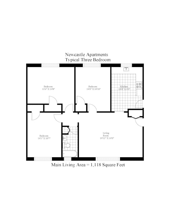 A diagram of a typical three bedroom apartment in Newcastle with a living area of 1,118 square feet.