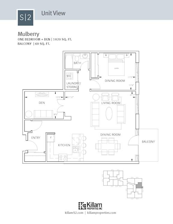 A floor plan for a Mulberry unit with a den, two dining rooms, a living room, a kitchen, a bath, and a balcony.