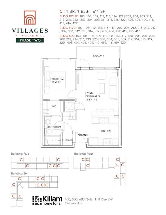 1 Bedroom + 1 Bath Approx 611  SF Floor Plan