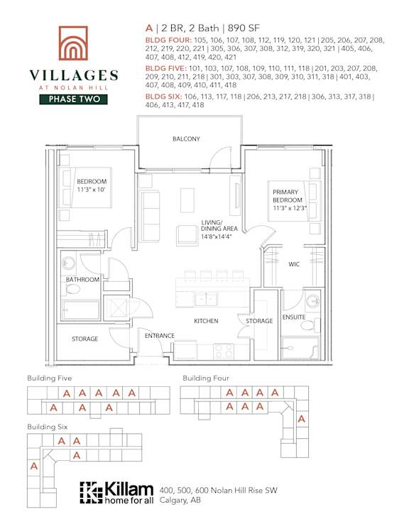 2 Bedroom + 2 Bath Approx 890 SF Floor Plan