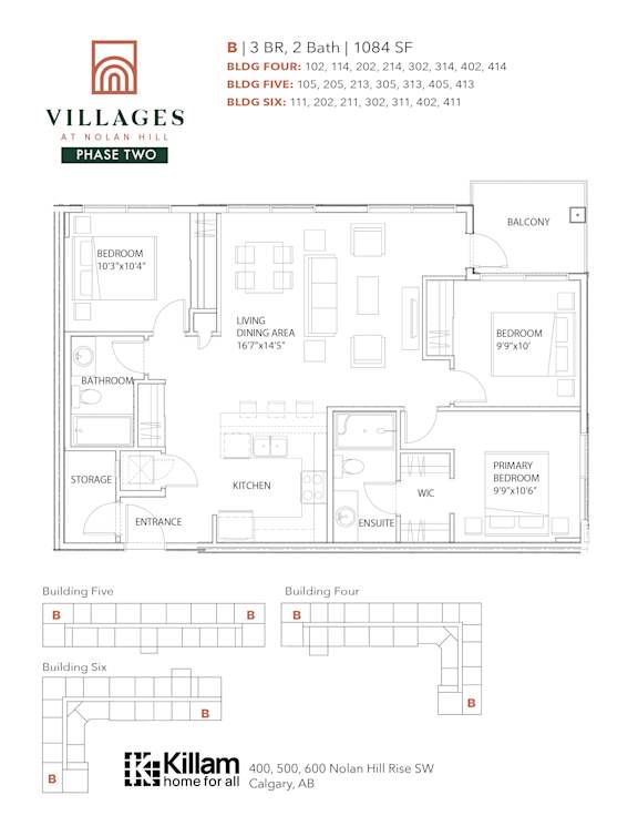3 Bedroom + 2 Bath Approx 1084 SF Floor