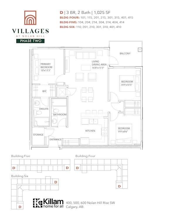 3 Bedroom + 2 Bath Approx 1025 SF Floor Plan