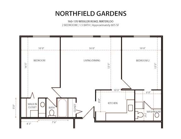 A floor plan of a 2 bedroom, 1.5 bath apartment at Northfield Gardens.