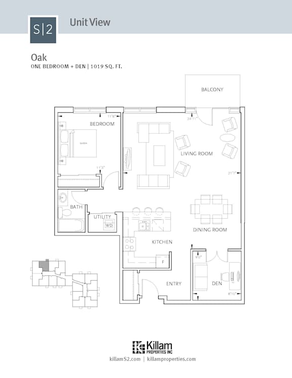 A floor plan for a one bedroom apartment with a den.