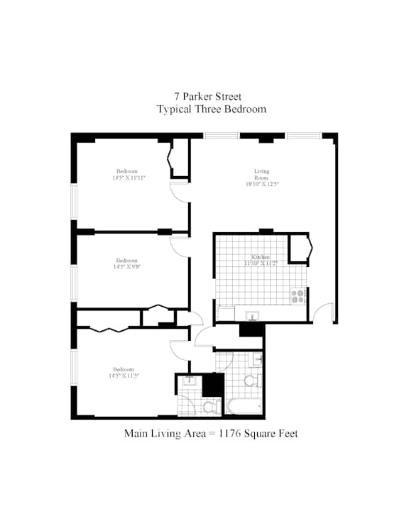 A diagram of a three bedroom apartment with a living room and a kitchen.