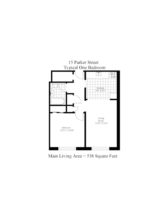 A floor plan of a typical one bedroom apartment at 15 Parker Street with a living room, bedroom, and bathroom.