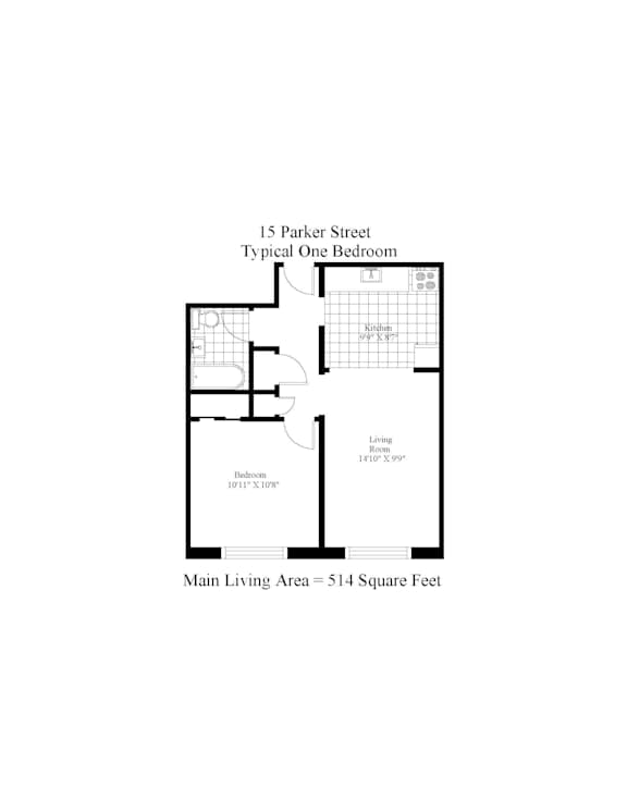 A floor plan of a typical one bedroom apartment at 15 Parker Street.