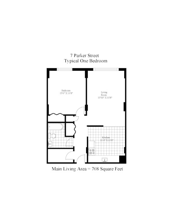 A drawing of a typical one bedroom apartment at 7 Parker Street.