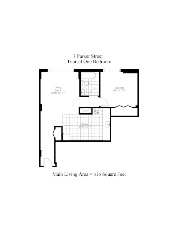 A floor plan of a typical one bedroom apartment at 7 Parker Street.