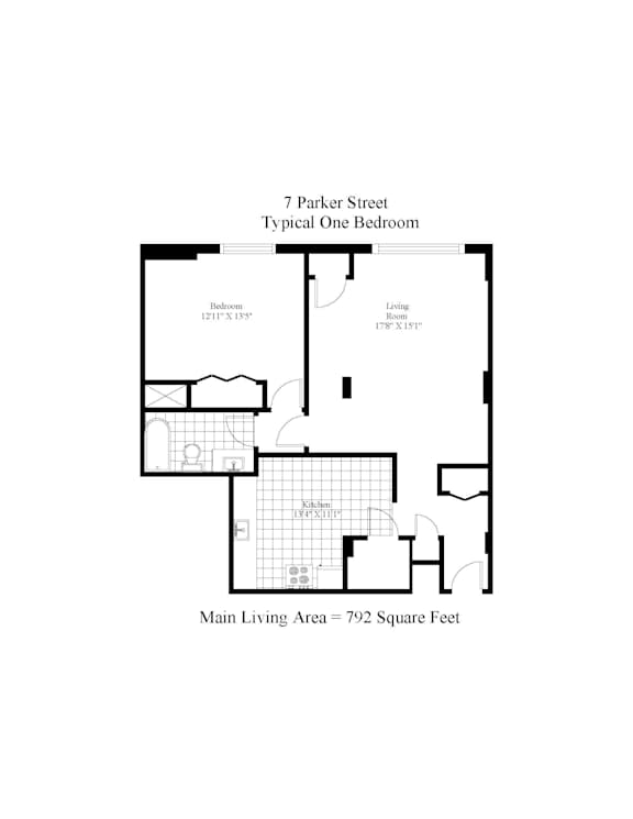 A floor plan of a typical one bedroom apartment at 7 Parker Street.