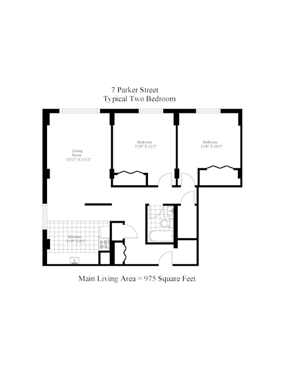 A floor plan of a two bedroom apartment at 7 Parker Street.