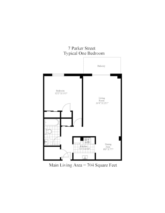 A floor plan of a one bedroom apartment at 7 Parker Street.