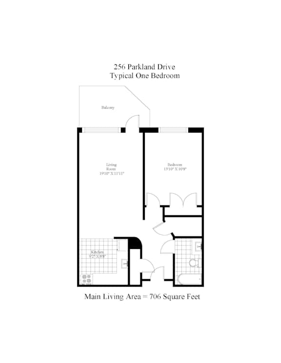 A floor plan of a one bedroom apartment at 256 Parkland Drive.