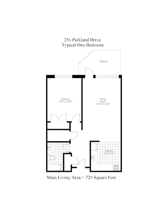 A floor plan of a one bedroom apartment at 256 Parkland Drive.
