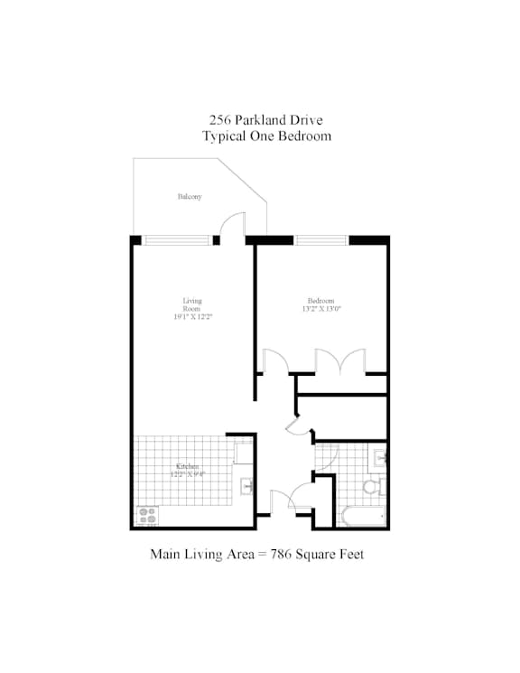 A floor plan of a typical one bedroom apartment at 256 Parkland Drive.