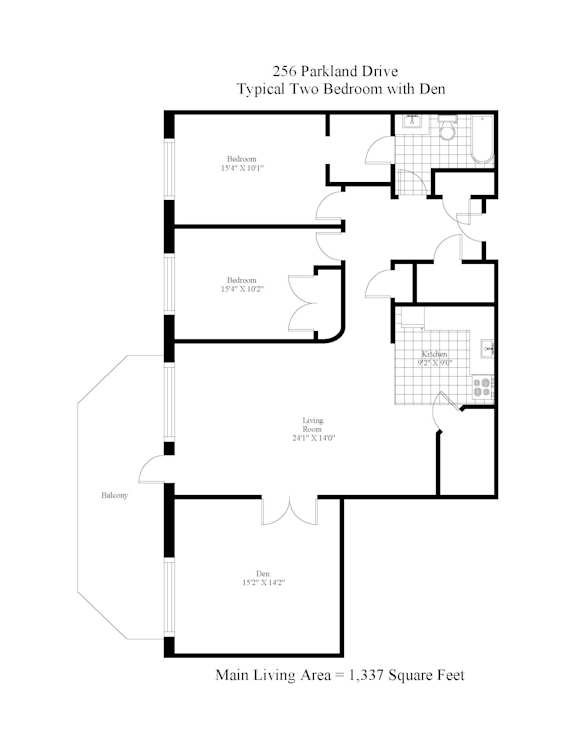 A drawing of a two bedroom apartment with a living room and balcony.