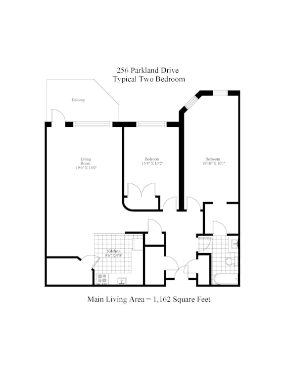 A drawing of a two bedroom apartment at 256 Parkland Drive.