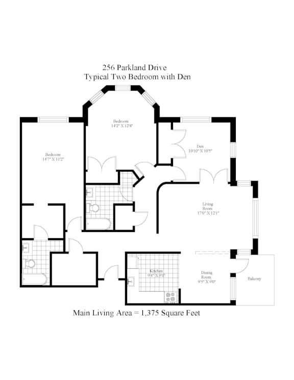 A floor plan of a two bedroom apartment with a den.