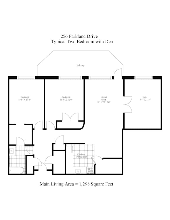 A floor plan of a two bedroom apartment with den.