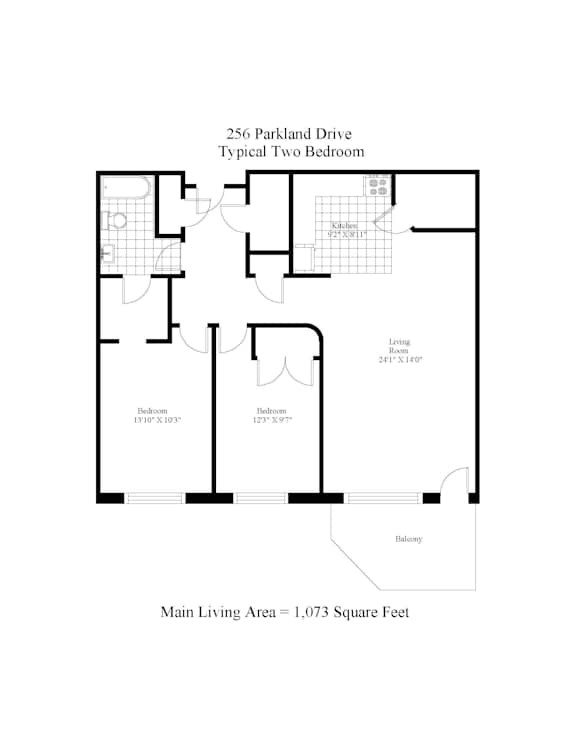 A drawing of a two bedroom apartment at 256 Parkland Drive.