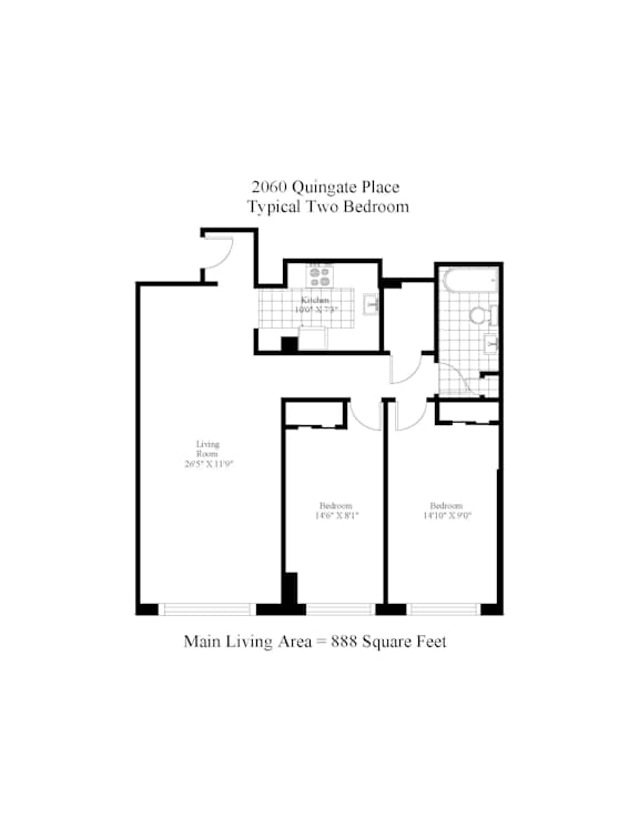 A floor plan of a two bedroom apartment with a living room and a kitchen.
