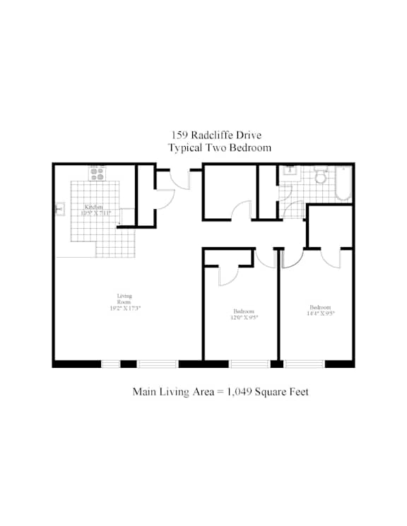 A floor plan of a two bedroom apartment at 159 Radcliffe Drive.